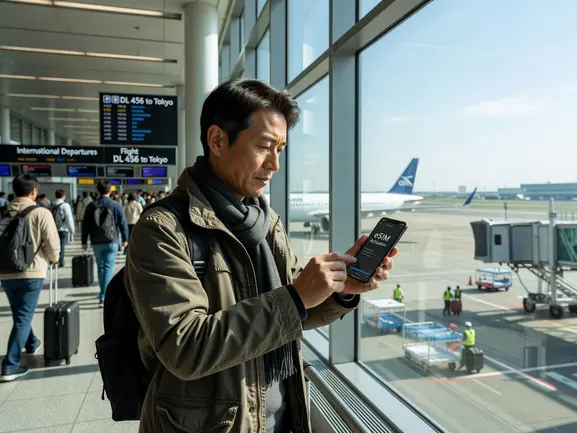 Traveler scanning eSIM QR code to activate before flight - eSIMYat setup guide