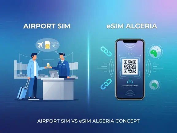 Traveler comparing airport SIM card and eSIM options at Algeria airport