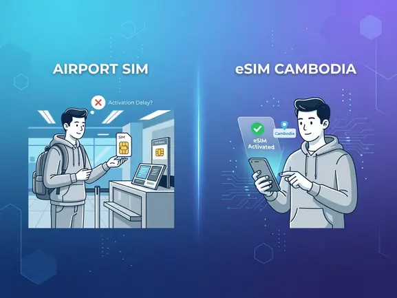 Traveler comparing airport SIM card vs eSIM at Cambodia airport — eSIMYat guide