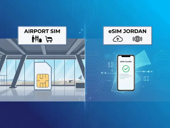 Traveler using eSIM at Queen Alia Airport Jordan instead of waiting at SIM card counter