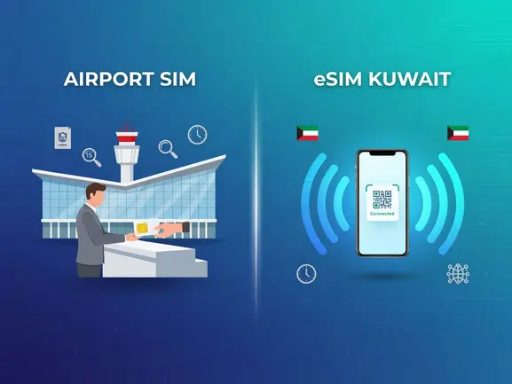 Traveler comparing airport SIM card vs eSIM options at Kuwait International Airport