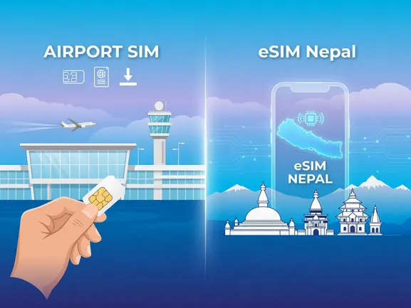 airport sim vs esim nepal comparison at Tribhuvan Airport - eSIMYat travel eSIM guide
