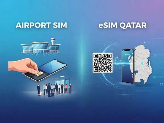Traveler comparing airport SIM card vs eSIM at Hamad International Airport Qatar