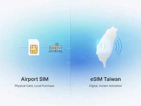 Airport SIM card counter vs eSIM activation on phone at Taiwan airport