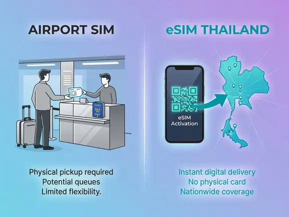Traveler using eSIM at Suvarnabhumi Airport Bangkok instead of queuing at SIM card counter