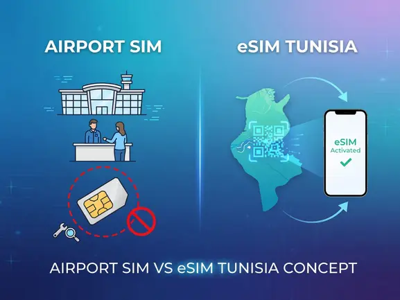 Airport SIM card vs eSIM comparison at Tunisia airport - eSIMYat travel guide