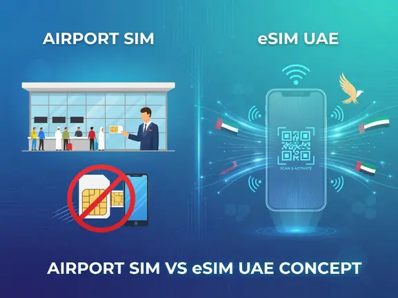 Airport SIM card counter vs eSIM QR activation at Dubai airport