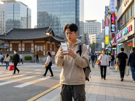 Traveler using eSIM in Seoul South Korea to avoid roaming charges