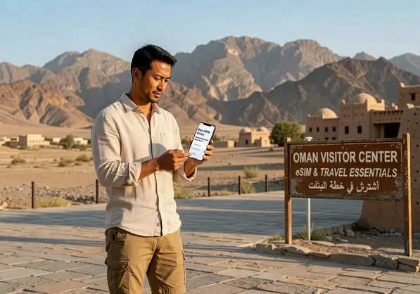 Tourist activating eSIM for Oman trip on smartphone — eSIMYat travel data plan