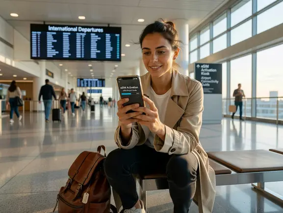Traveler scanning eSIM QR code at airport before flight departure