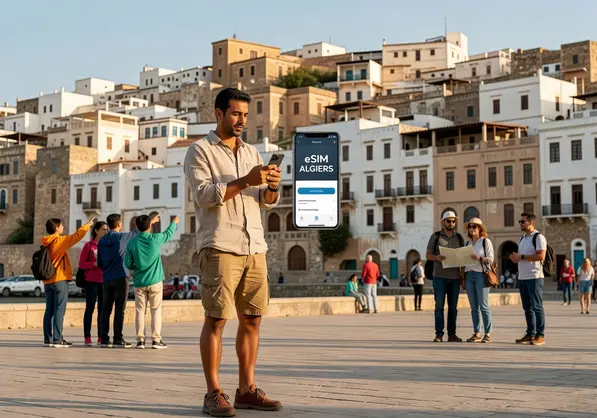 eSIM for Algiers - tourist internet guide showing QR code activation on phone