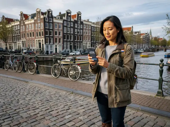 eSIM for Amsterdam tourist guide — canal view with phone showing network connection
