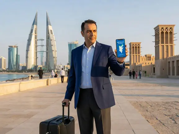 Business traveler using eSIM in Bahrain for corporate meetings and video conferencing