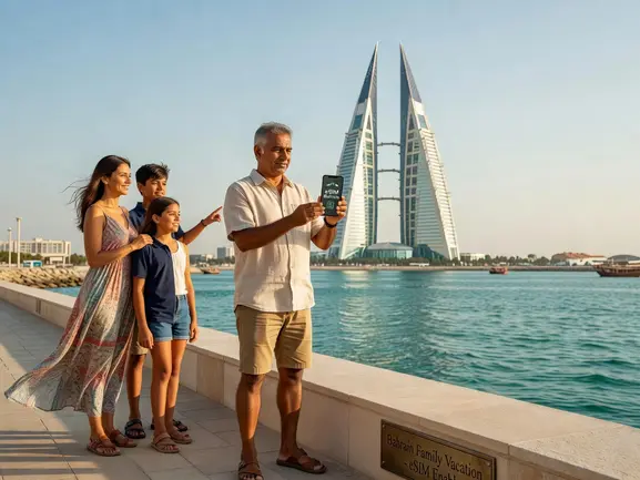 Family using eSIM in Bahrain for vacation data connectivity — eSIMYat travel eSIM guide