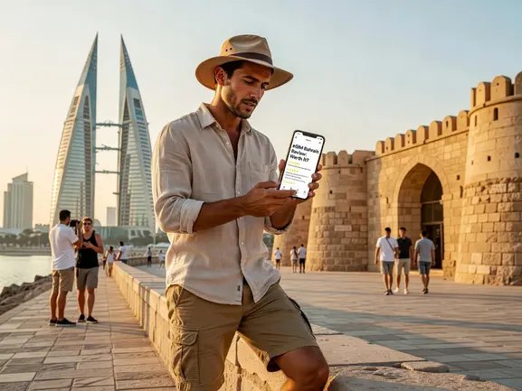 eSIM Bahrain review worth it - traveler connected on Manama waterfront with eSIMYat