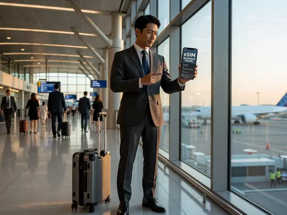 Business traveler using eSIM on laptop and phone at airport lounge