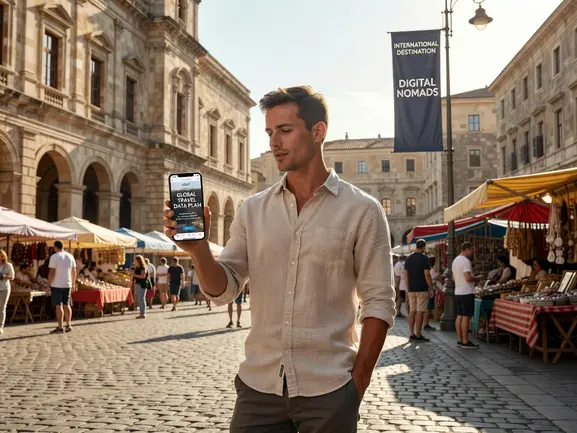 Digital nomad working on laptop with eSIMYat travel eSIM active on phone