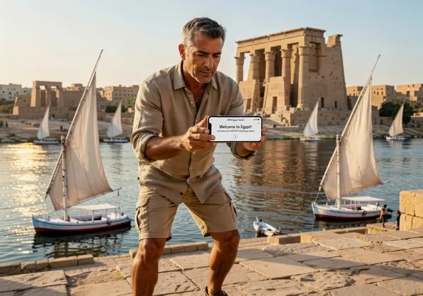 Tourist using eSIM in Egypt near Pyramids of Giza with phone showing connected network