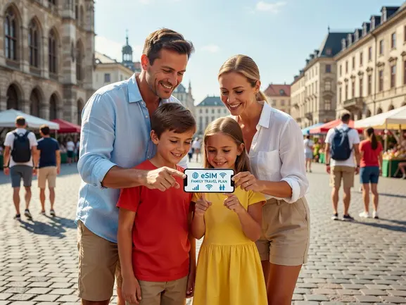 Family setting up travel eSIM on smartphones before an international trip