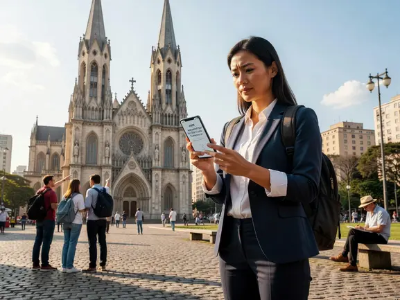 Business traveler activating eSIM for conference travel at an international convention center