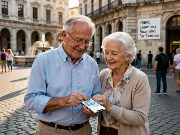 Senior traveler setting up eSIM on smartphone with QR code — eSIMYat travel eSIM guide