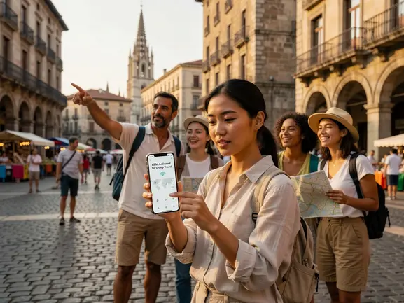 Group of travelers setting up eSIM plans on their phones for international trip