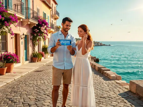 Couple on honeymoon using eSIM travel plan on smartphone - eSIMYat guide