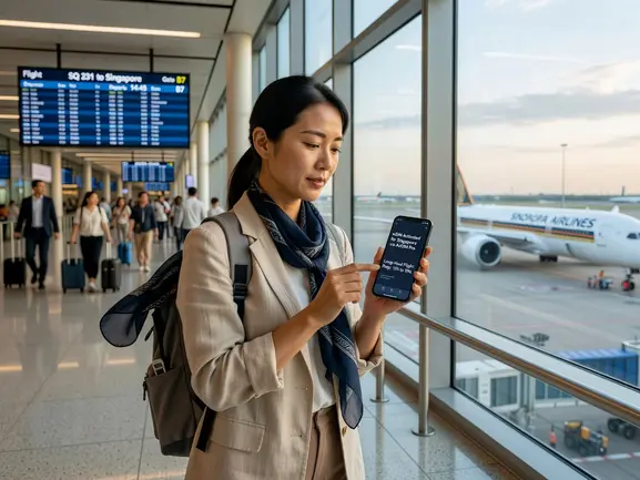 Traveler setting up eSIM for long flights at airport with phone and boarding pass