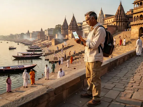 eSIM for pilgrimages - pilgrim using phone at holy site with eSIMYat coverage