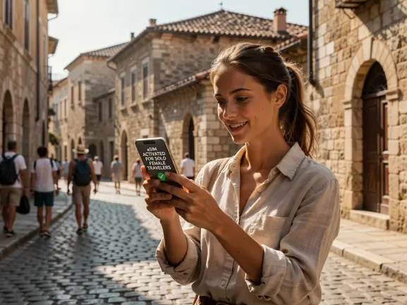 Solo female traveler using eSIM on phone while exploring a city abroad