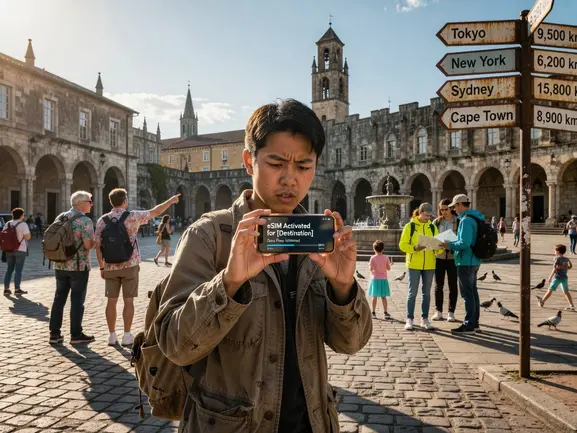 Travel vlogger filming abroad with eSIMYat travel eSIM active on phone