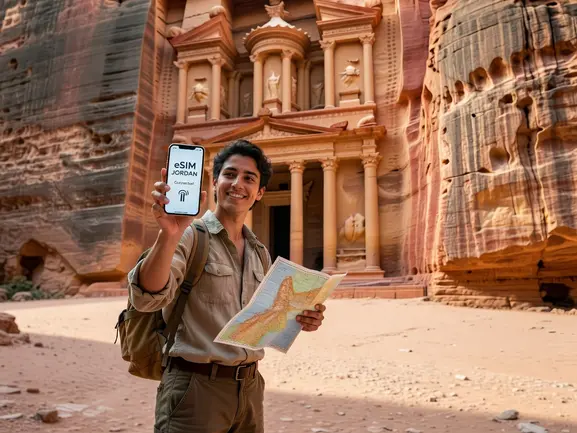 Solo traveler using eSIM in Jordan at Petra - eSIMYat Jordan data plan guide