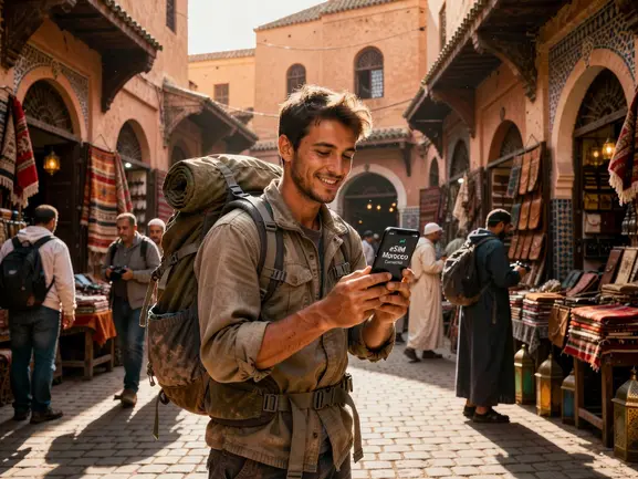 Backpacker using eSIM in Morocco medina - eSIMYat travel eSIM guide