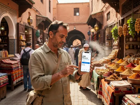 Business traveler using eSIM in Morocco for video conferencing and corporate meetings