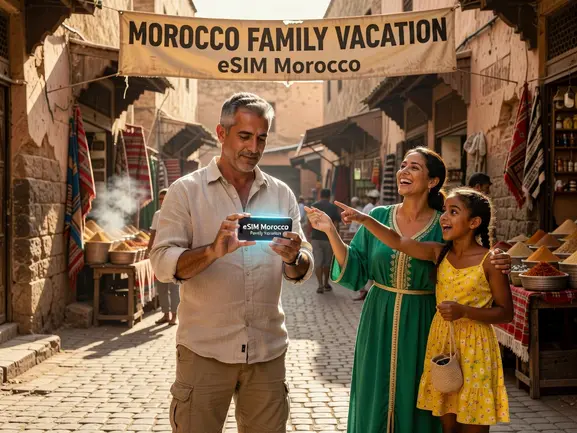 Family using eSIM on Morocco vacation - eSIMYat travel data plans for families