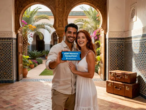 Couple using eSIMYat eSIM in Morocco medina during honeymoon trip