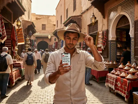 eSIM Morocco review - traveler using eSIMYat data plan in Marrakech medina