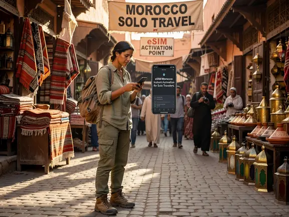 Solo traveler using eSIM in Marrakech medina - eSIMYat Morocco data plan