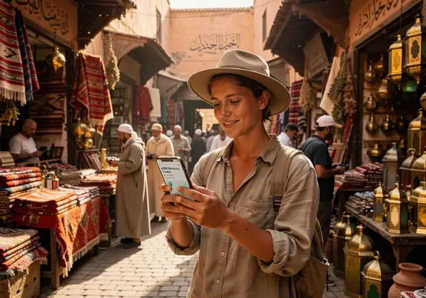 Tourist using eSIM in Morocco Sahara desert - eSIMYat travel data plan