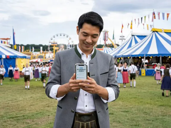 Tourist using eSIM at Oktoberfest Munich beer festival tents