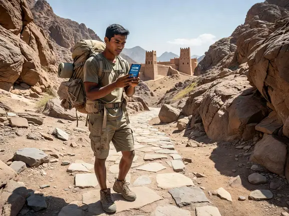 Backpacker activating eSIM for Oman trip — eSIMYat travel data plan