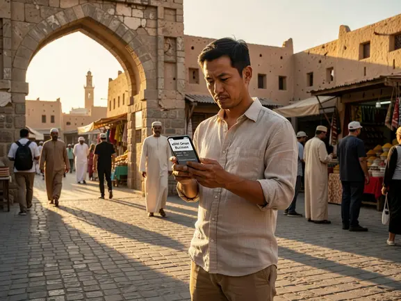 Business traveler using eSIM in Oman for video call and navigation in Muscat