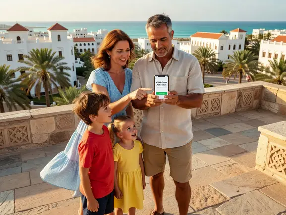 Family using eSIM on vacation in Oman, staying connected with eSIMYat