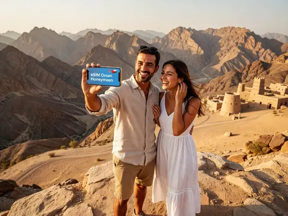 Couple using eSIM on Oman honeymoon with Muscat waterfront in background