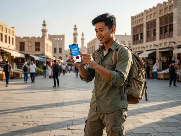 Backpacker using eSIM in Qatar - eSIMYat travel data plan guide for Doha