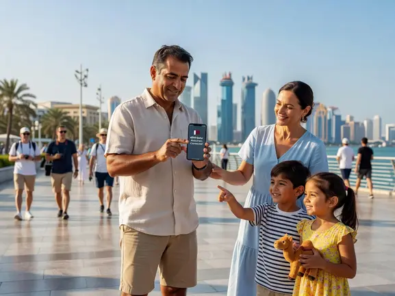 Family using eSIM in Qatar to navigate Doha with kids - eSIMYat travel eSIM guide