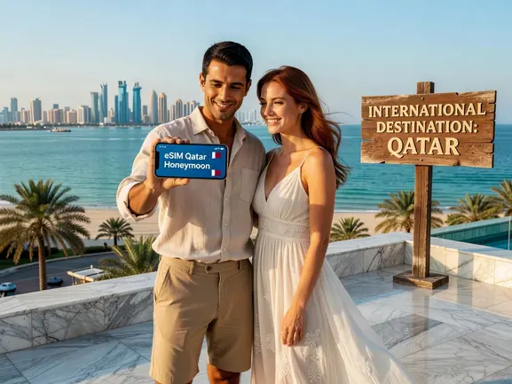 Couple using eSIM in Doha Qatar for honeymoon travel connectivity