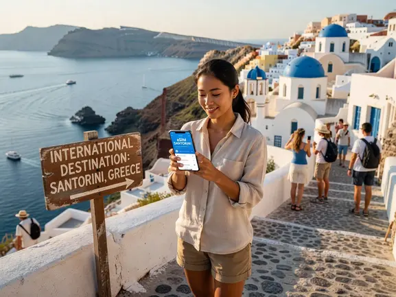 eSIM for Santorini - tourist internet guide with caldera view