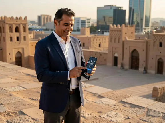 Business traveler activating eSIM for Saudi Arabia corporate trip with eSIMYat