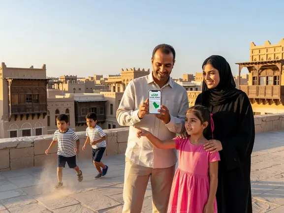 Family using eSIM for Saudi Arabia vacation - eSIMYat travel data plans